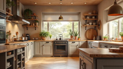 Fototapeta premium An Abundant and Stylish Kitchen Showcasing Functional Furniture and Cozy Cooking Spaces