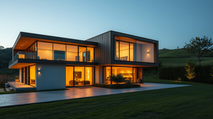 Modernes Haus bei Dämmerung mit Beleuchtung

