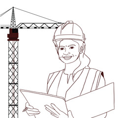 Outline of indian female engineer working at construction site, leading project, women empowerment