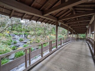 Fototapeta premium Himeji, Japan - 12.19.2023: Interior of a wooden walkway on a bridge with a traditional roof across a cascade alongside greenery in Koko-en without tourists