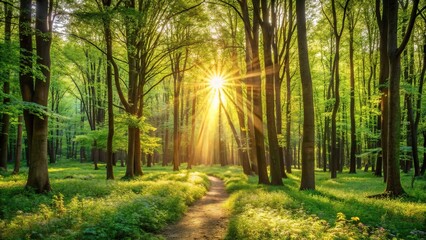 Obraz premium Tranquil spring forest with sunlight filtering through trees and bushes