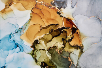 Soft waves of translucent color meet shimmering gold accents in abstract art, fluid shapes create a dynamic landscape. The liquid ink technique create depth and movement, both spontaneous and refined
