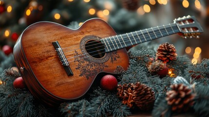 A wooden acoustic guitar with a decorative design lies on pine branches decorated with pine cones, red Christmas baubles and string lights.