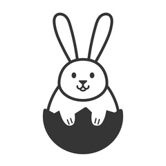 Cute baby rabbit sticking paws out of a cracked Easter egg icon. Festive symbol pictogram in line and silhouette for decoration, web design. Eastern egg hunt and sweet treats. Vector illustration