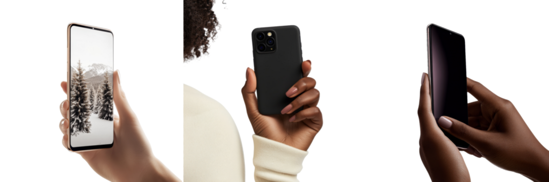 Various hands hold three distinct smartphones displaying unique features, designs, and colors against a clean, white background, emphasizing modern technology and style isolated PNG