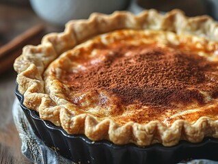 A close-up of a freshly baked pie with a golden crust and a dusting of cocoa powder.