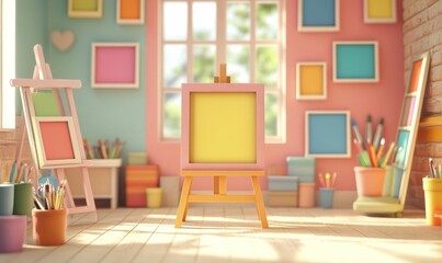 Blank canvas easel in a colorful room.