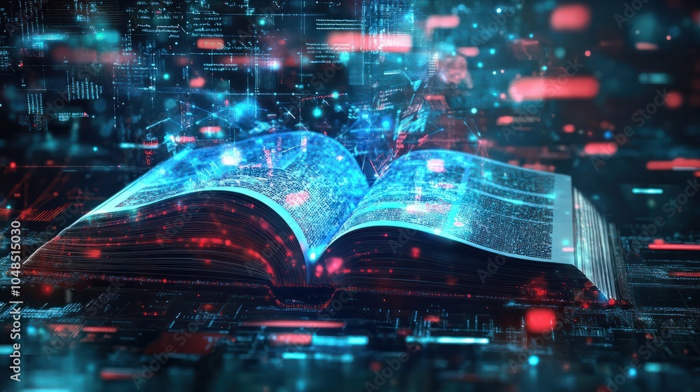 Poster an open book with pages turning into digital data streams, representing the integration of technolog
