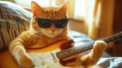 Cat in sunglasses playing guitar on Christmas event. Festive background, holiday wallpaper, Xmas eve funny poster, New Year Banner