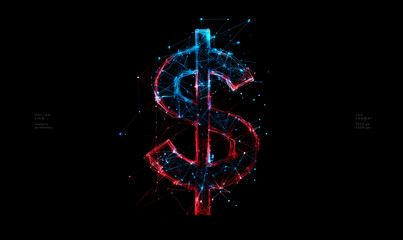 Obraz premium Digital dollar sign in low poly glowing red and blue wire frame design