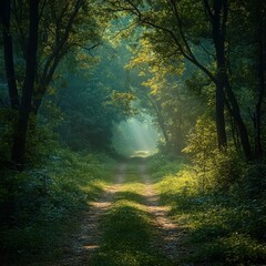 Fototapeta premium Sun beams through the forest trees