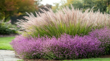 Lush Garden Landscape with Pink and Green Foliage