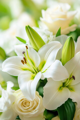 Fototapeta premium A detailed macro shot of a diamond ring nestled in a bouquet of fresh white lilies and roses