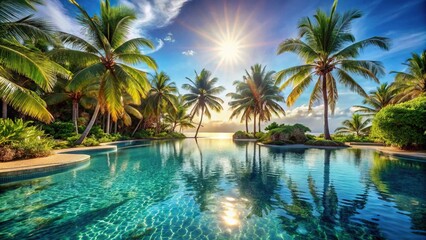Obraz premium Tranquil tropical oasis poolside with palm trees and crystal clear water