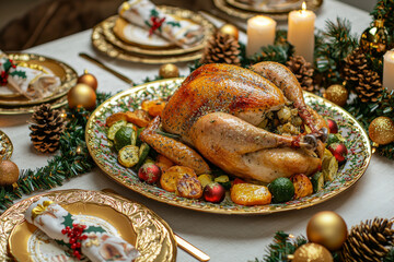 A beautifully arranged holiday table featuring a roasted turkey surrounded by festive decorations and candles.