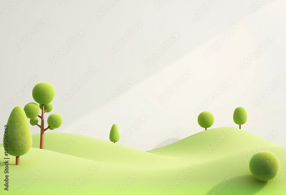 Poster 3d rendering of a minimalist landscape with green hills and trees.