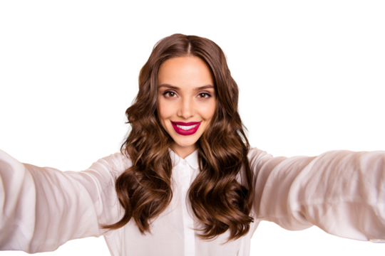 Self-portrait of her she nice-looking attractive lovely pretty shine winsome adorable fascinating content cheerful cheery wavy-haired lady burgundy maroon red lips isolated over beige background