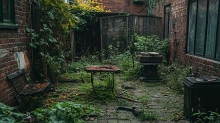 An overgrown garden with neglected plants and broken garden tools, showcasing the result of a failed gardening effort.