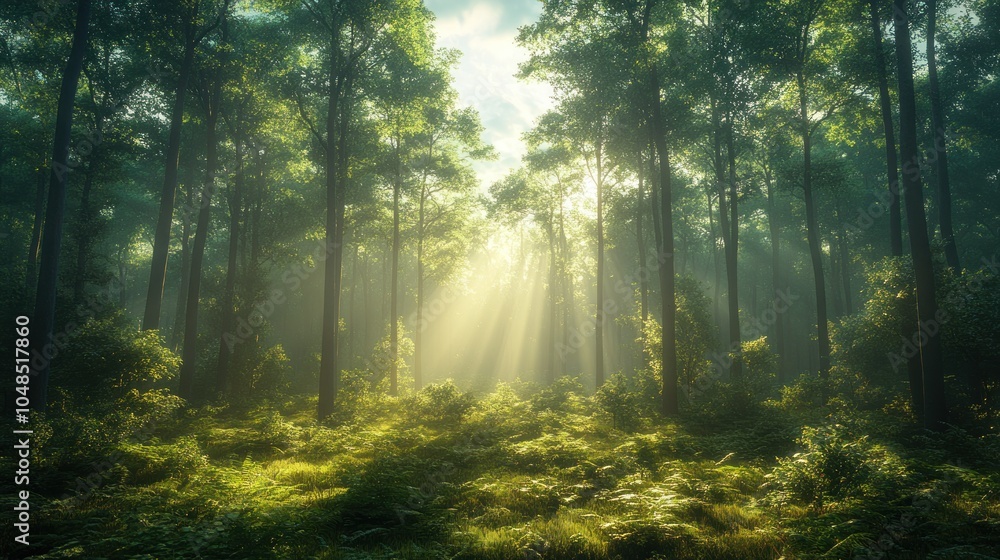 Poster sunlight streams through the canopy of a dense forest, illuminating the mist and creating a magical 