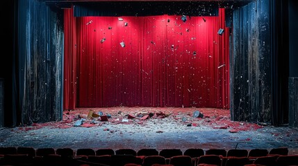 An empty stage with fallen props and an audience that has left, showing the aftermath of a failed performance or theatrical production.