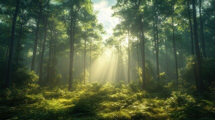 Fototapeta premium Sunlight streams through the canopy of a dense forest, illuminating the mist and creating a magical atmosphere.