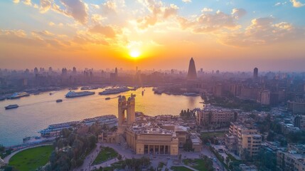 Aerial View of Cairo at Sunset with the Nile River and Cityscape