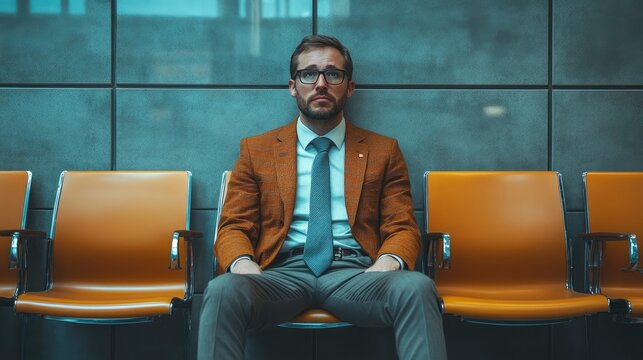 A job applicant sitting alone in a waiting room with a look of disappointment after a failed interview, capturing the emotion of rejection.