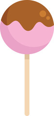 Round pink cake pop dipped in chocolate and standing upright on a wooden stick