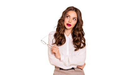 Portrait of her she nice-looking attractive lovely shine glamorous winsome professional skilled wavy-haired lady secretary assistant thinking isolated over beige pastel background