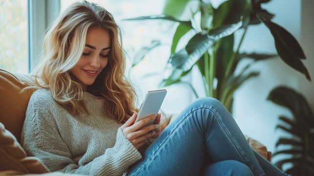 A woman in jeans sitting indoors and using her smartphone