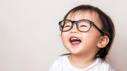 Fototapeta premium Adorable, happy, amused light-skin east Asian child from China, Japan, or Korea wearing glasses smiling with entire face on isolated background with copy space