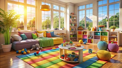 Bright and spacious living room transformed into a delightful playground for kids, filled with colorful toys and inviting areas for imaginative play and exploration.