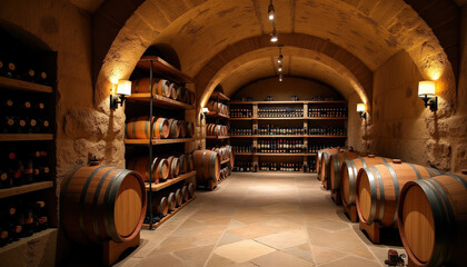Ilustración de una bodega de vino con estantes de madera y piedra, barriles y botellas organizadas bajo luz tenue. © jocaja
