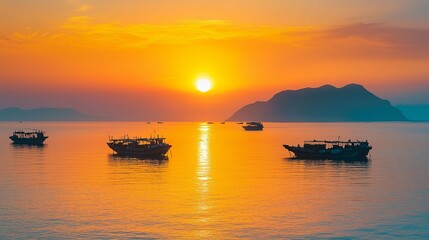 The setting sun shines on the sea, casting warm hues across its surface as boats float gently in the water. The sky is painted with vibrant orange and pink colors that blend seamlessly into each o