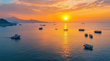 The setting sun shines on the sea, casting warm hues across its surface as boats float gently in the water. The sky is painted with vibrant orange and pink colors that blend seamlessly into each o