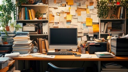 A cluttered office space with a failed marketing campaign on display, illustrating the end of a promotional effort.