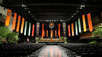 Auditorium Setup for a Graduation Ceremony with Banners and Chairs