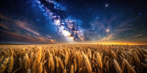Tranquil wheat field under star studded night sky illuminated by celestial bodies, low angle view