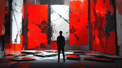 A dejected artist standing in front of a failed installation, surrounded by broken pieces and unfinished work, representing artistic struggle.