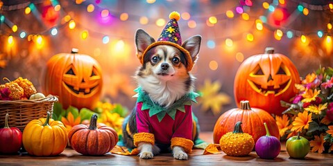 Naklejka premium Charming pet in Halloween attire captured with tilt-shift photography, bringing a whimsical and joyful essence to a delightful Halloween-themed background celebration.