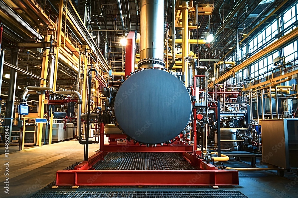 Poster pipes and valves connecting to a large cylindrical structure inside a power plant create an intricat