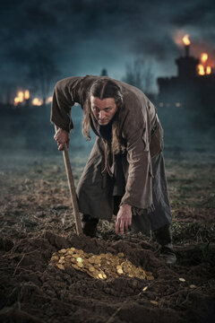 The Parable of the Talents. Man digging his treasure. Servant, out of fear or mistrust rather than greed, buries his single talent in the ground instead of investing it.