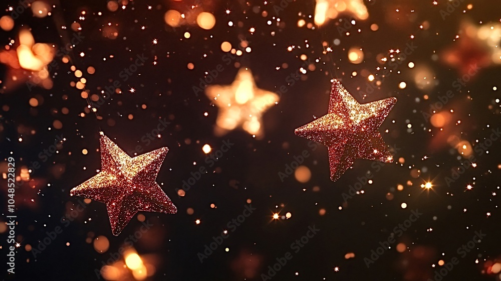 Poster christmas decoration with sparkling red stars hanging on a dark background with glittering bokeh and