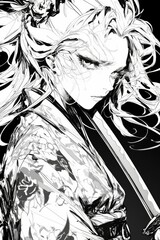 Illustration of a fierce woman with flowing hair, holding a sword, dressed in traditional attire, showcasing strength.