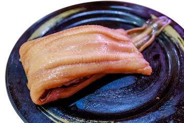 Top view of Whole Boiled Conger Eel with rice, focus selective