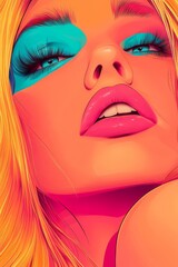 Obraz premium A stunning close-up of a young Caucasian woman with vibrant blue and pink makeup, highlighting her bold features.
