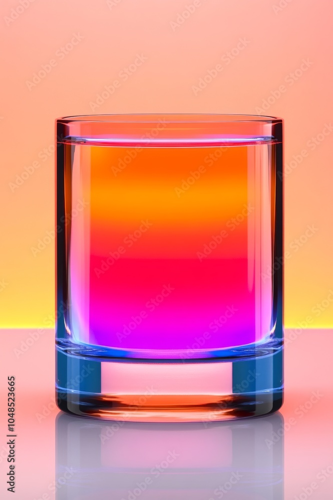 Poster a striking glass filled with vibrant layers of color, blending deep pinks and warm oranges against a