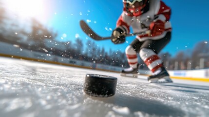 Exciting ice hockey action on a sunny day with a player preparing to shoot a puck