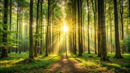Obraz premium Tranquil woodland bathed in soft sunlight
