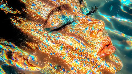 a model wearing black beach cloths, her skin is mandelbrot rainbows, her eye lashes long and stylish, her eyes glow like the afternoon sun, black background, blue rays of light